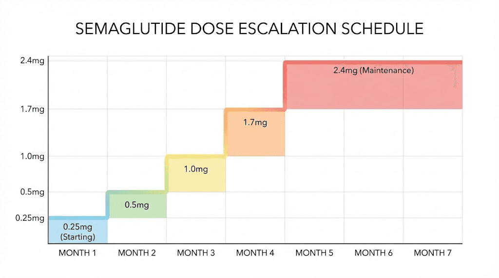 Semaglutide dose escalation chart showing progression from 0.25mg starting dose to 2.4mg maintenance dose