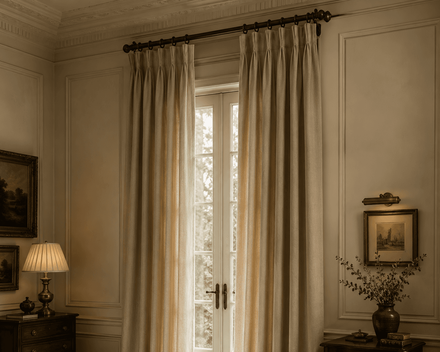 A refined living room scene featuring tall French doors framed by elegant, floor-length beige pinch-pleat drapes hanging from a dark bronze curtain rod. The room is decorated with wall paneling, framed traditional artwork, a vintage table lamp on a dark wood cabinet on the left, and a ceramic vase with leafy branches illuminated by a picture light on the right.