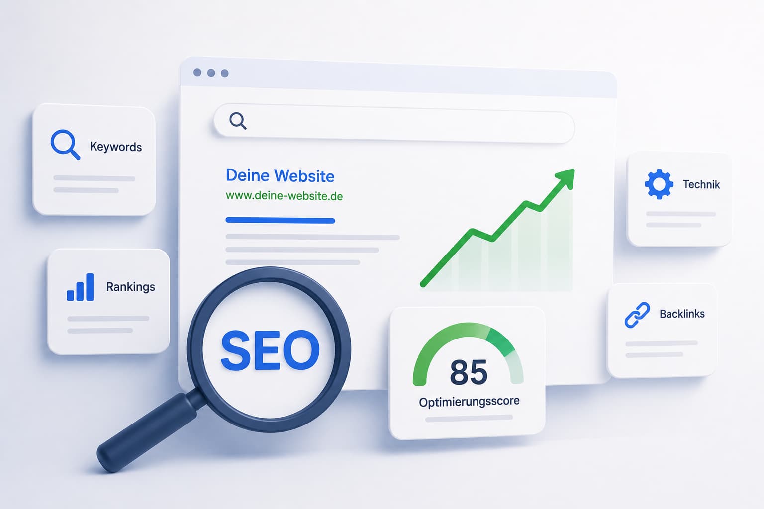 Grafische Darstellung zur SEO Optimierung mit Suchmaschinenanalyse, Keyword Recherche und Ranking Entwicklung. Das Bild zeigt OnPage SEO, Local SEO, SEO Texte und Google Rankings.