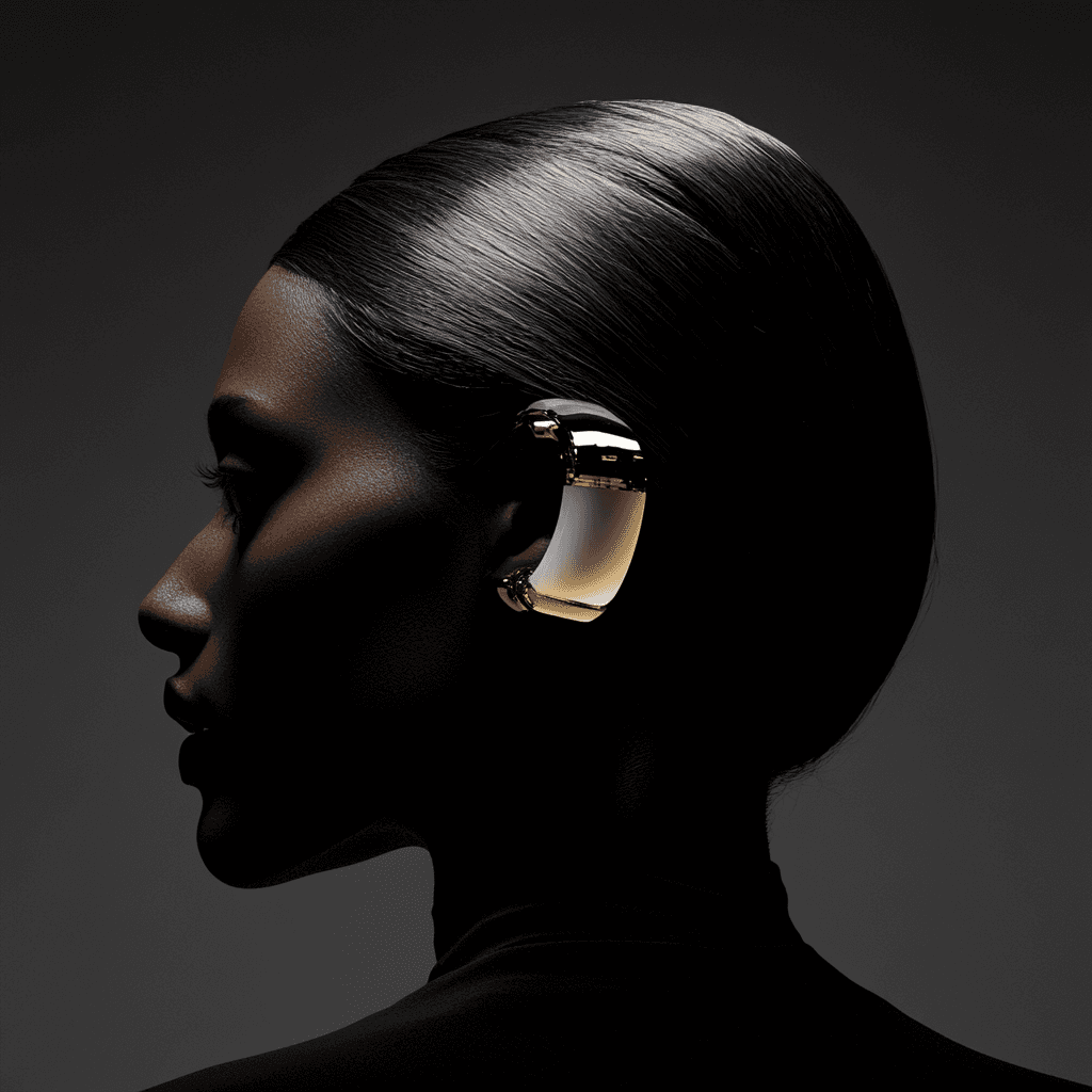 Person resting in bed under warm, ambient lighting with a glowing headboard featuring curved line patterns. A diffuser emits steam on a bedside table, creating a calm and sensory-rich nighttime environment.