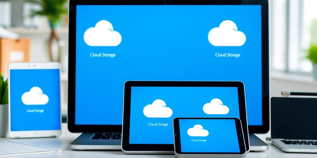 Modern workspace with devices showing cloud storage icons.