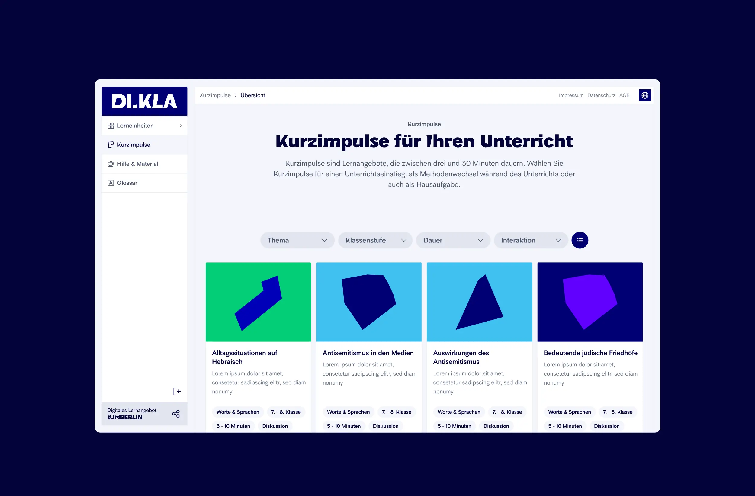Kurzimpulse-Übersicht mit Filtern und Beispiel „Alltagssituationen auf Hebräisch“