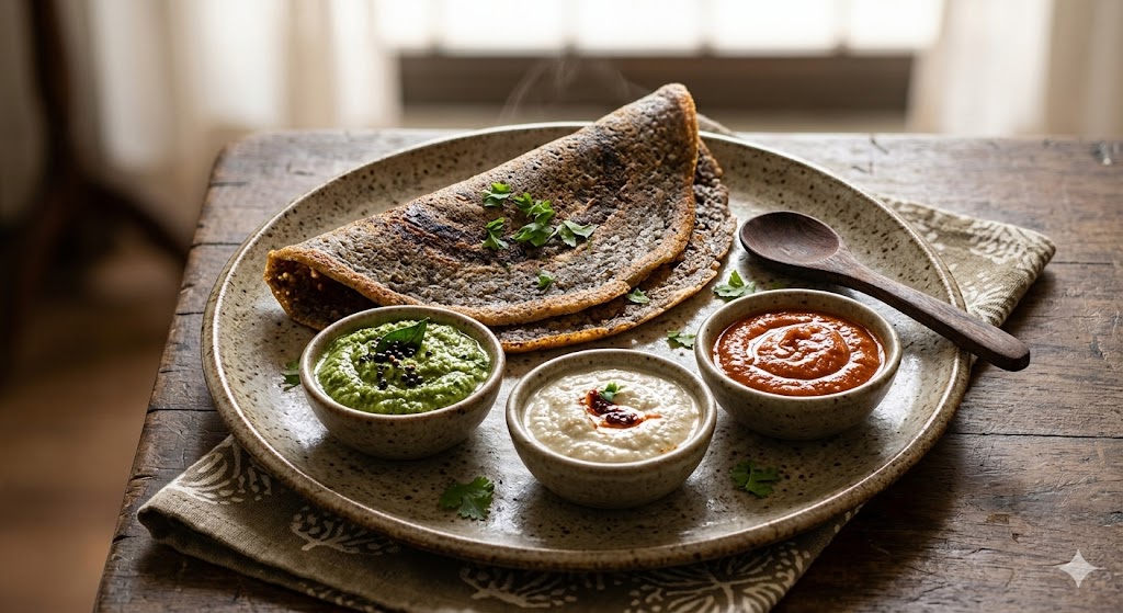 A photo of a crispy, folded mixed millet dosa made from jowar, bajra, and ragi, garnished with fresh coriander and served on a rustic plate with a trio of traditional chutneys (green, white, and red) on a wooden table with soft lighting.