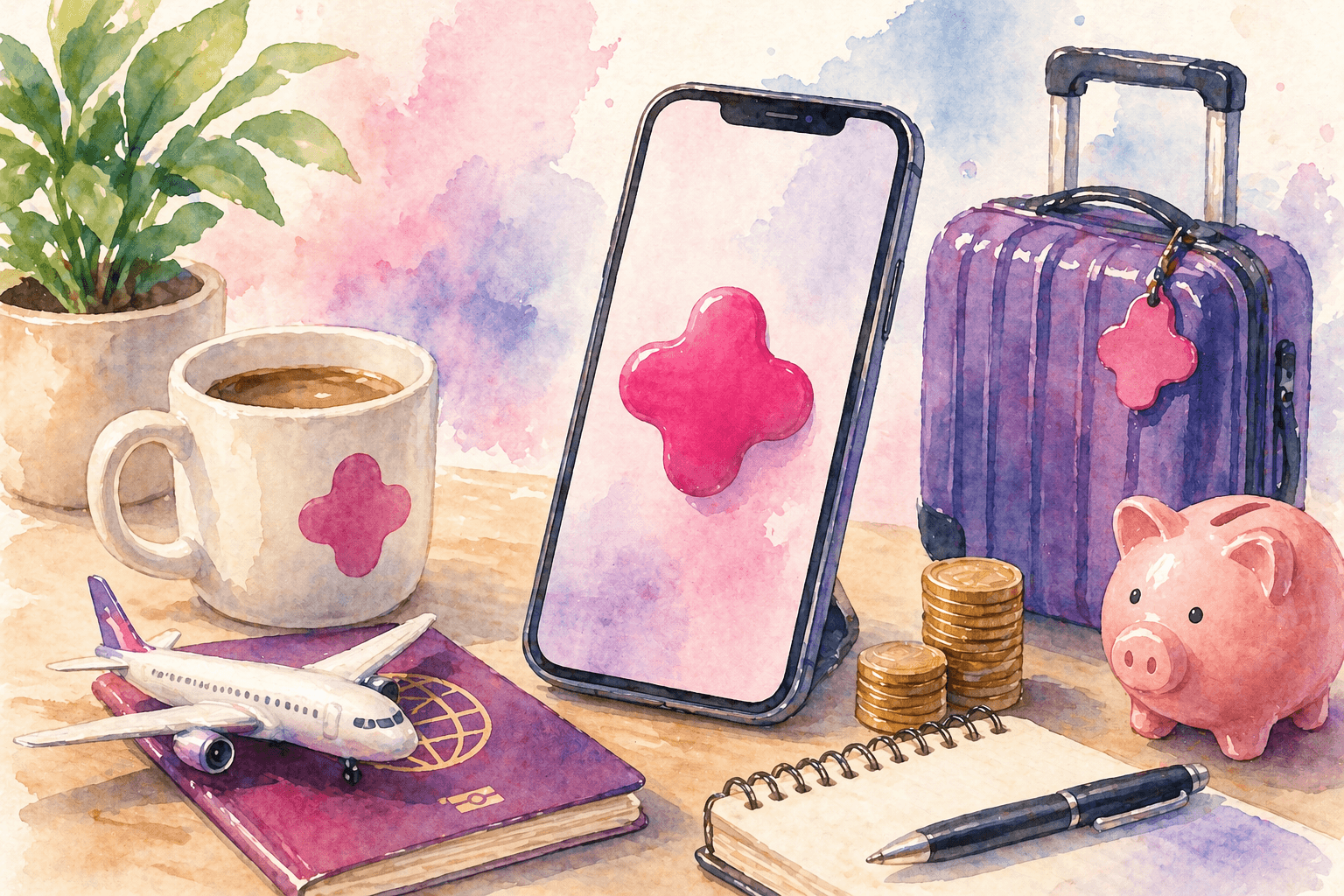 Ilustração em aquarela mostrando itens ligados a viagens e acúmulo de pontos: smartphone com símbolo rosa na tela, mala roxa, passaporte com avião em miniatura, moedas empilhadas, cofrinho rosa, xícara de café e bloco de notas sobre uma mesa em tons lilás e rosa.