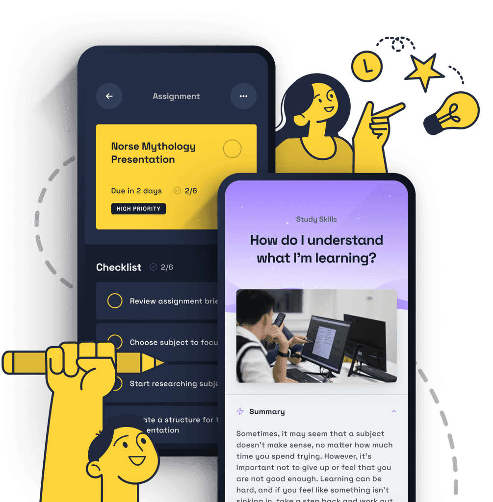 A visual of tasks and learner resources in the Booost app, surrounded by doodles and students feeling positive.
