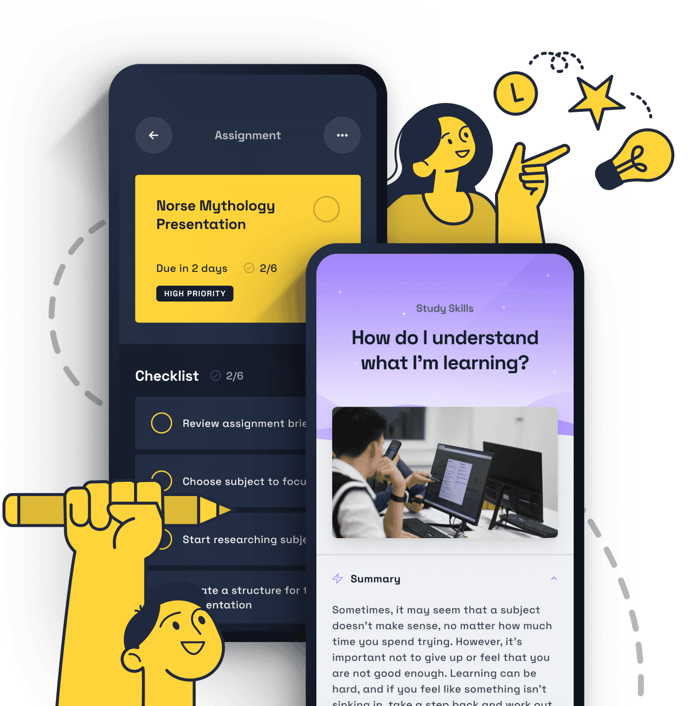 A visual of tasks and learner resources in the Booost app, surrounded by doodles and students feeling positive.