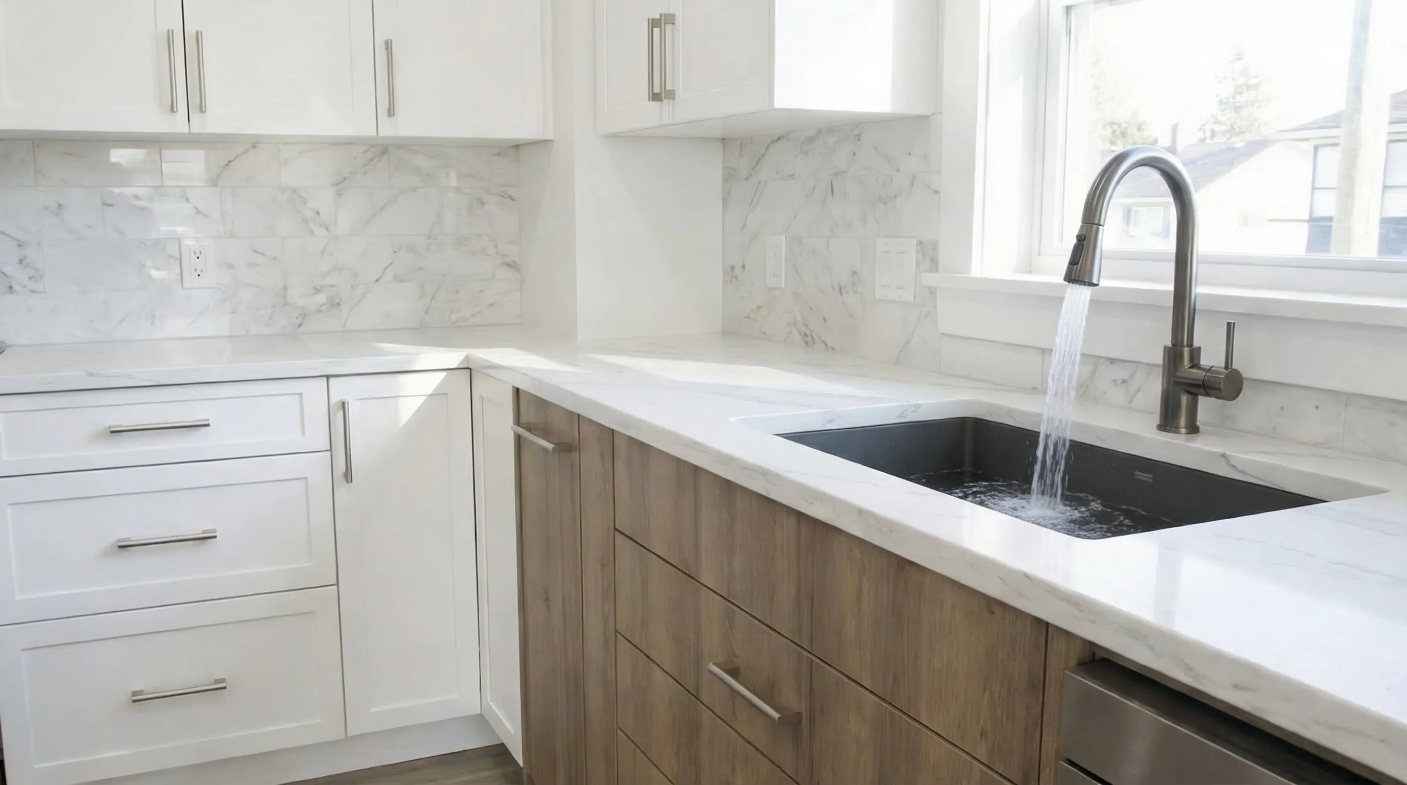 Kitchen island detail in Vancouver Custom Homes' West 16th multiplex showing a quartz marble countertop, undermount sink, gooseneck faucet, and full-height marble tile backsplash