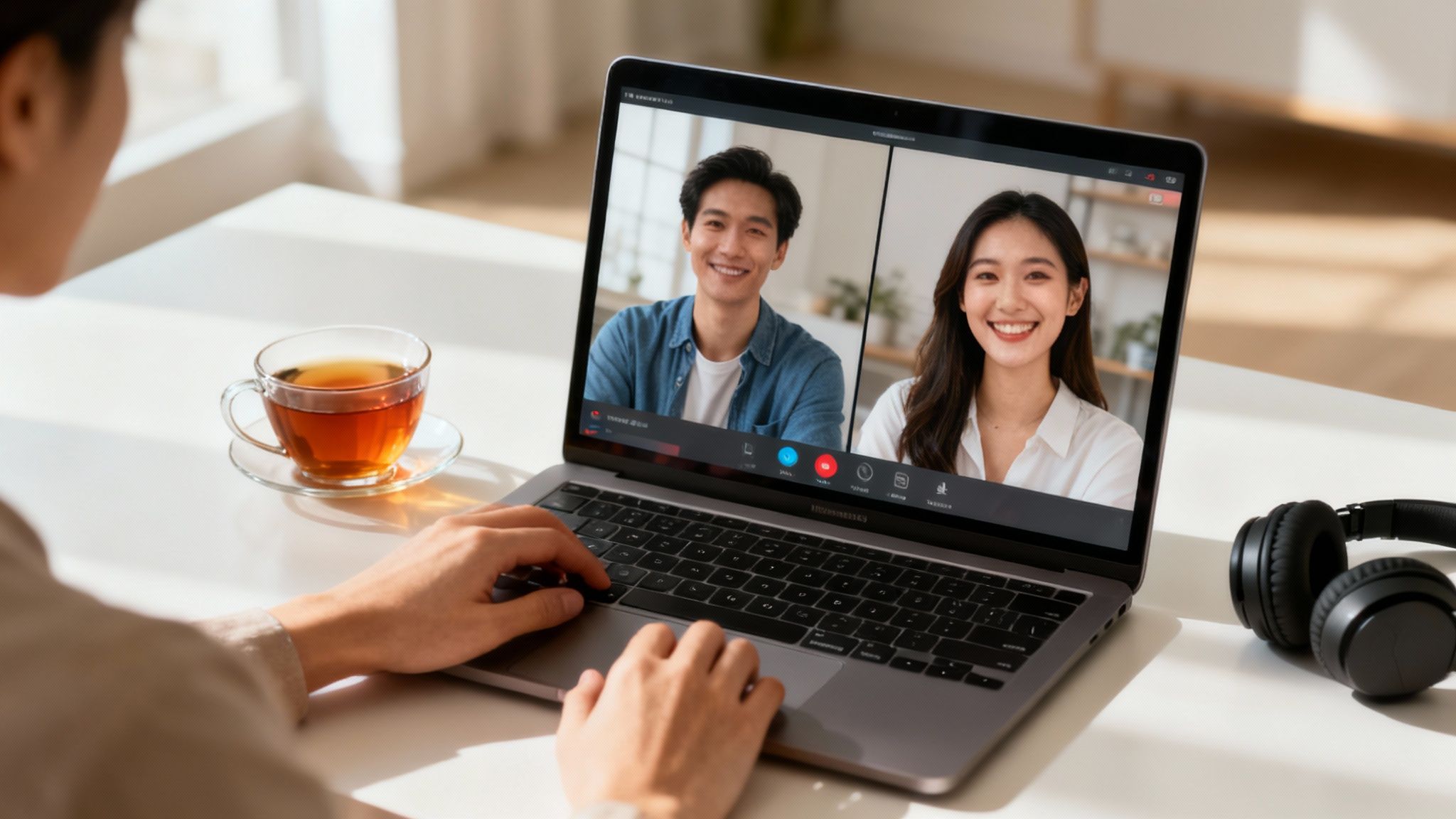 Person having video conference call with two colleagues on laptop at home workspace