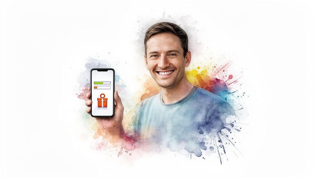 A smiling man holds a smartphone displaying a progress bar and a gift box icon, rendered with watercolor effects.