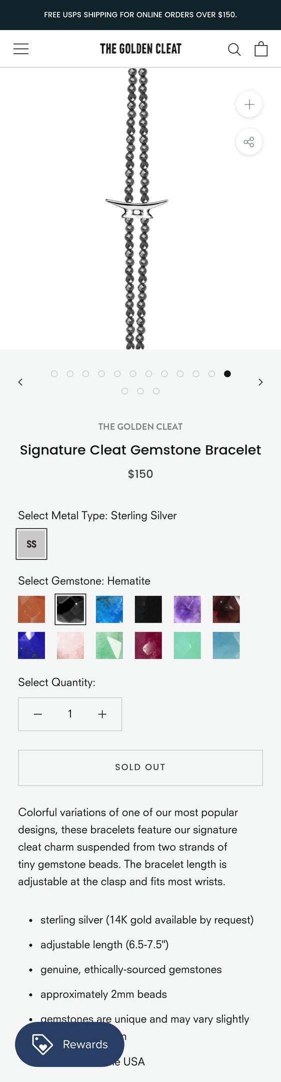 Jewelry product options include: bracelet, pendant for Signature Cleat Gemstone Bracelet from The Golden Cleat.