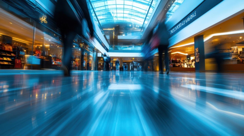 Interior of a brightly lit shopping centre, representing multi-site operations and maintenance coordination.