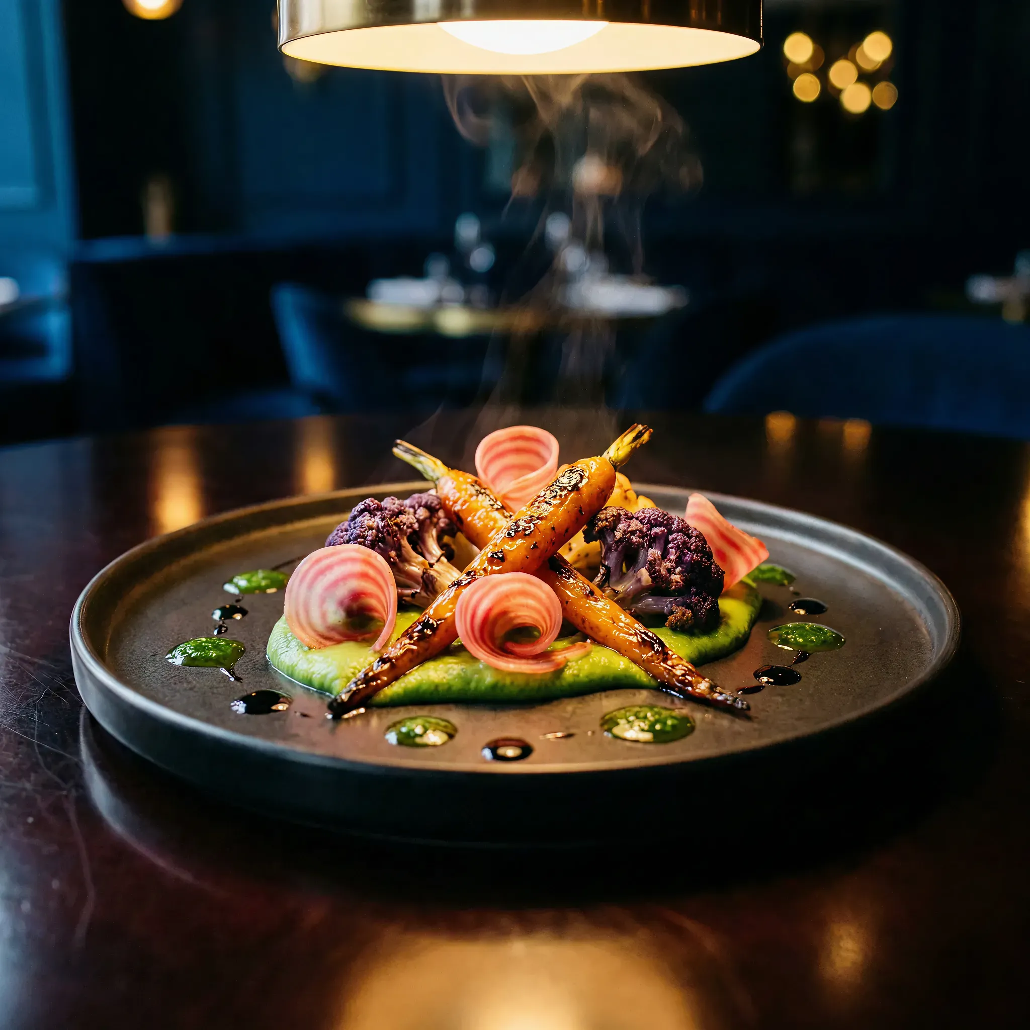 Elegant dish with grilled carrots, purple cauliflower, and beet spirals on pea puree, garnished with sauces on a dark plate under warm lighting.