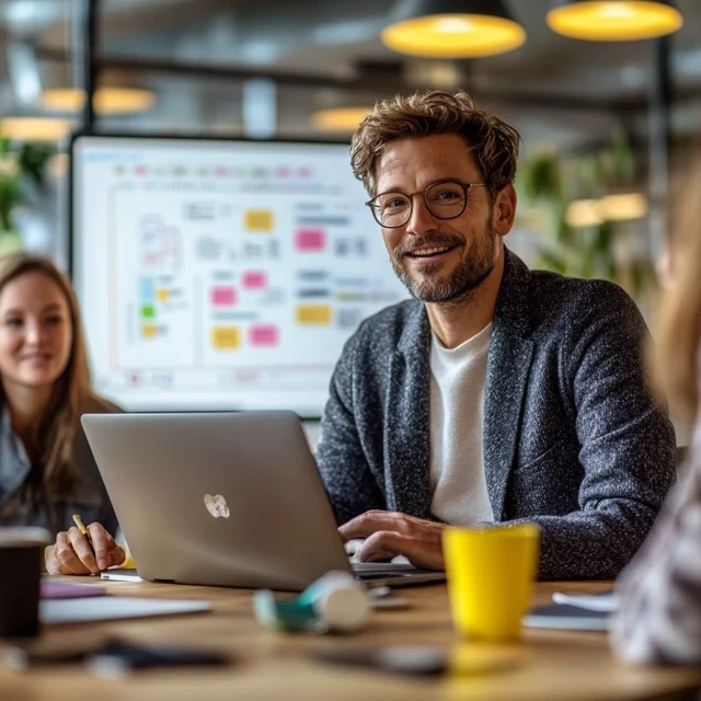 Chef de projet devant un pordinateur qui sourit