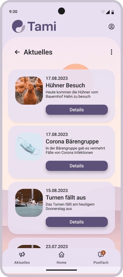 High-Fidelity-Design der Aktuellesseite der Tami App.