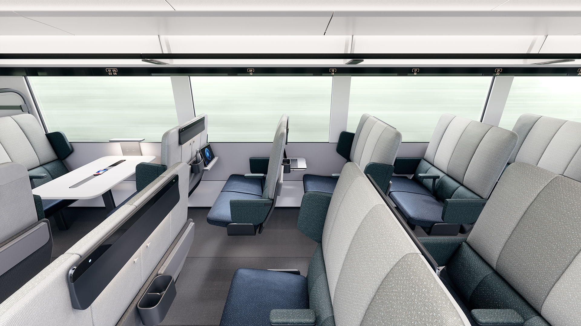 3D render showing side view of a design concept for main cabin of HS2 train