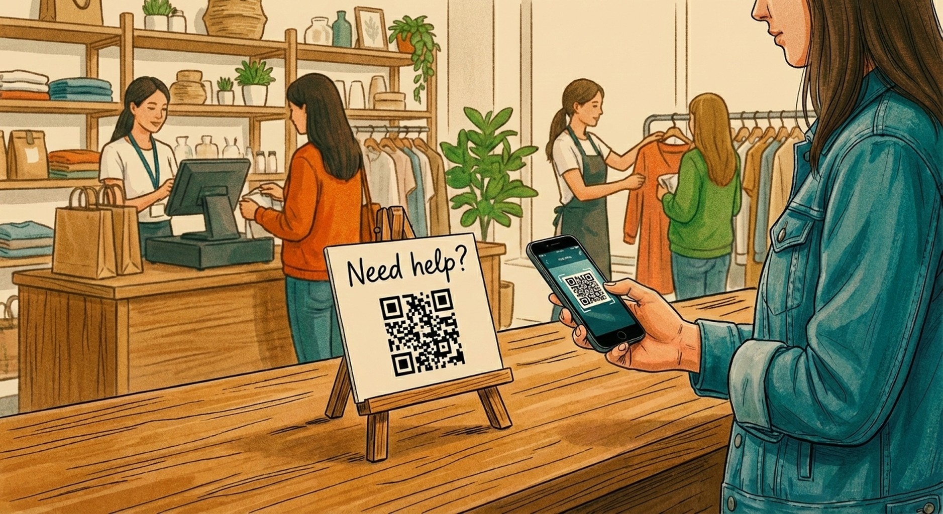 Customer scanning a QR code on a retail counter sign to get help when staff are busy, acting as a last-resort support option