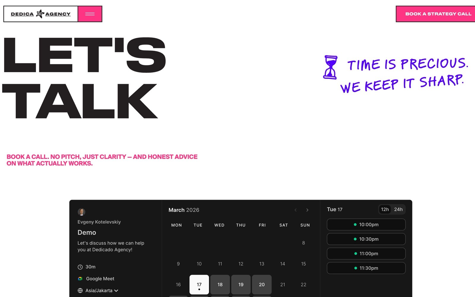 Let's talk in bold black; time is precious, we keep it sharp in purple. Calendar below; book a strategy call button visible.