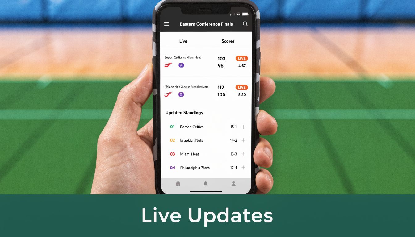 A hand holding a smartphone displaying live basketball sports scores and tournament standings on a screen.