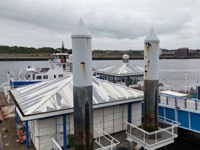 Marine structures and pilings assessed for protective coating deterioration at South Shields Ferry Landing.