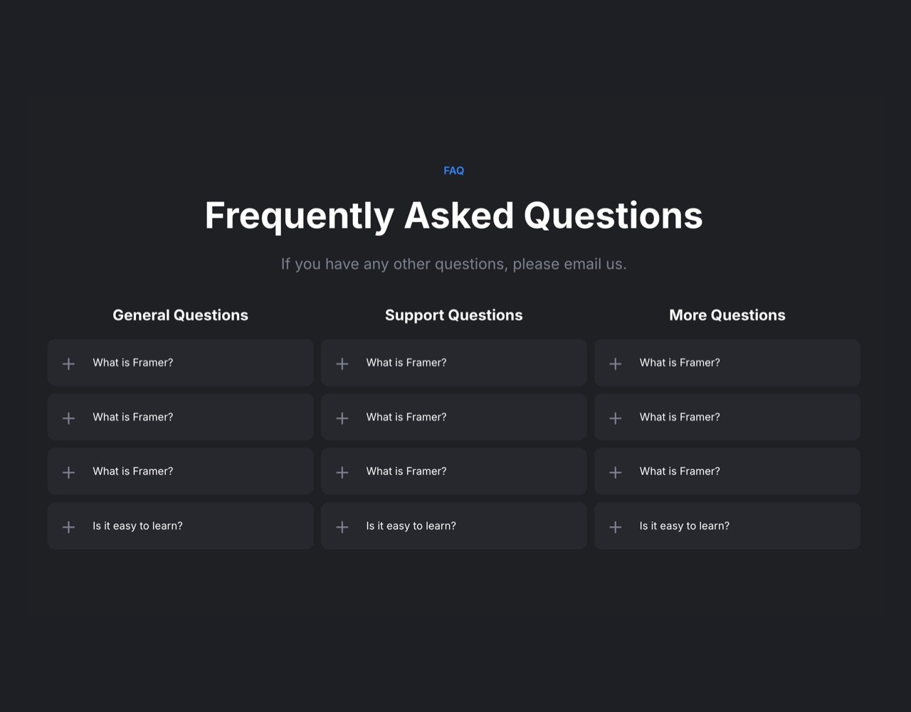 Framer Dark FAQ Section - Frameblox UI