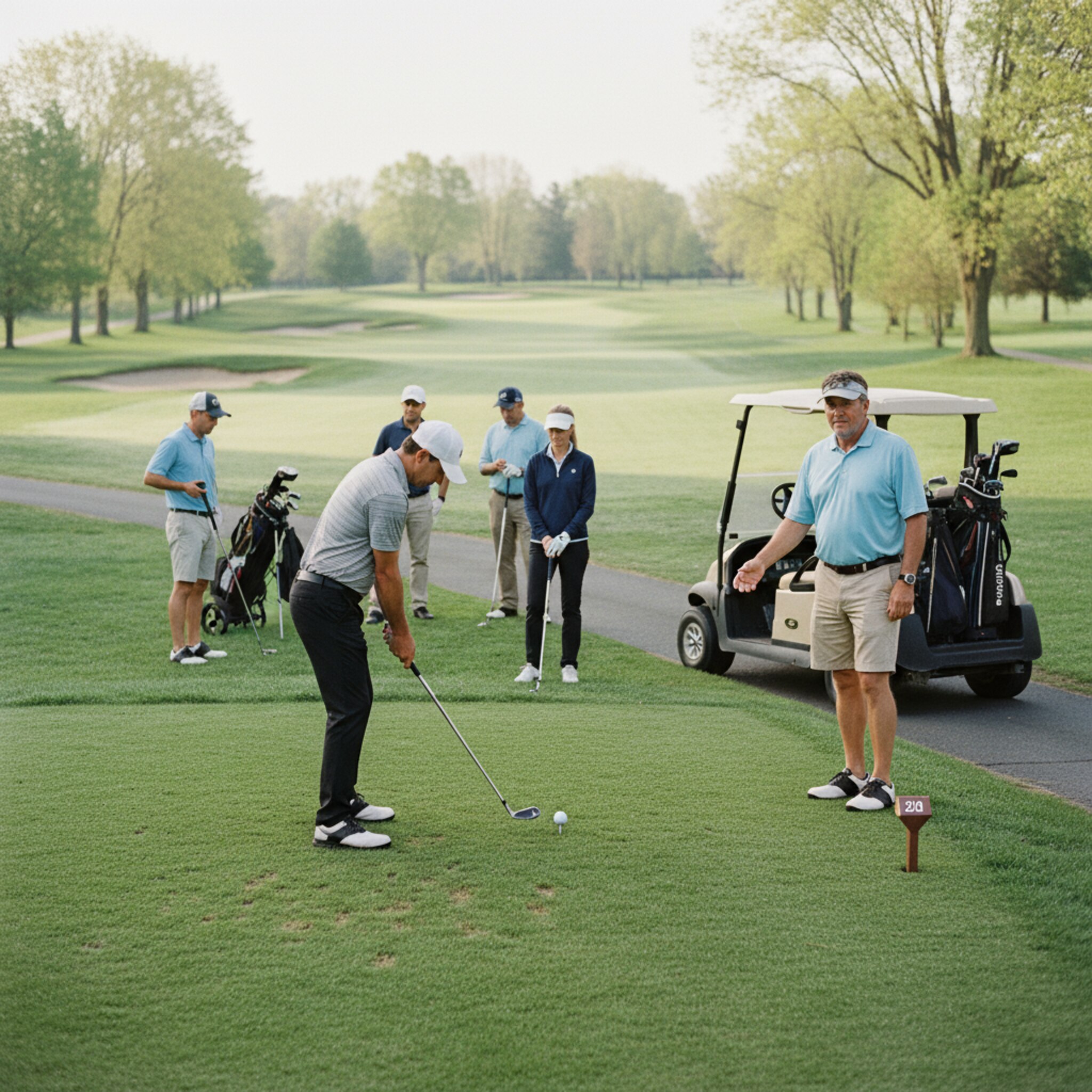 Auf dem ersten Tee ordnet ein Marschall dezent den Start, während ein Cart ruhig bereitsteht. Eine Gruppe schlägt pünktlich ab, der nächste Flight wartet mit Abstand. Die Szene wirkt geordnet, fließend und ruhig, als ob alles wie selbstverständlich ineinandergreift.