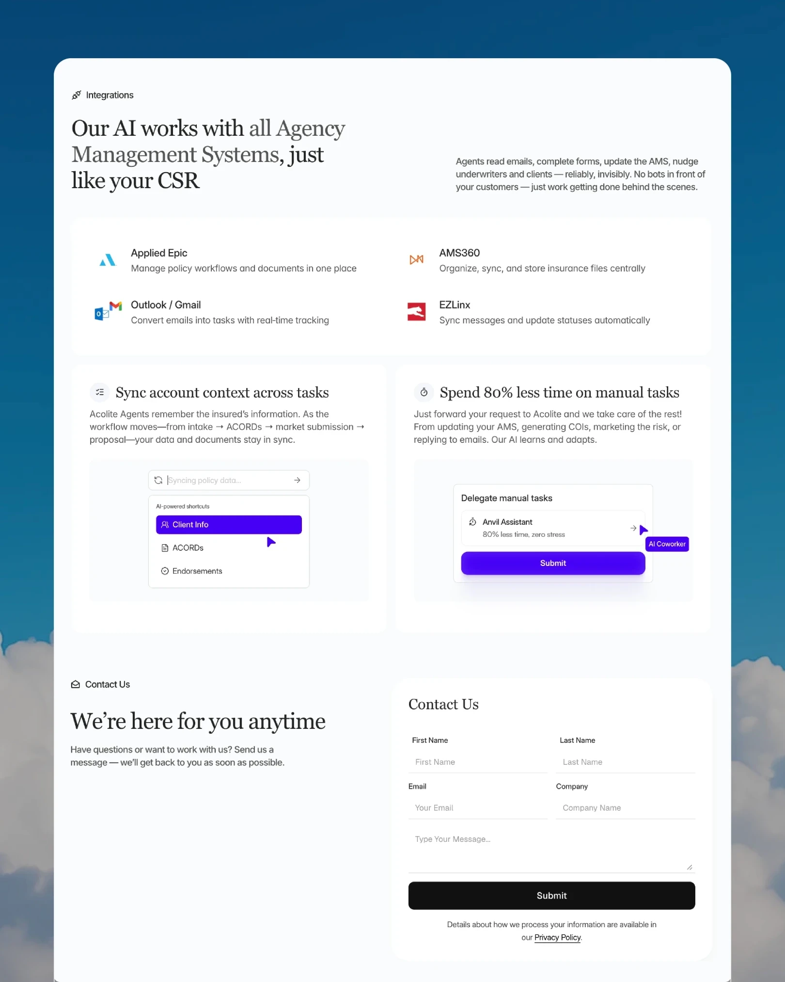 Acolite integrations section showing Applied Epic, AMS360 and EZLinx, with contact form — web design by Luna UI design studio