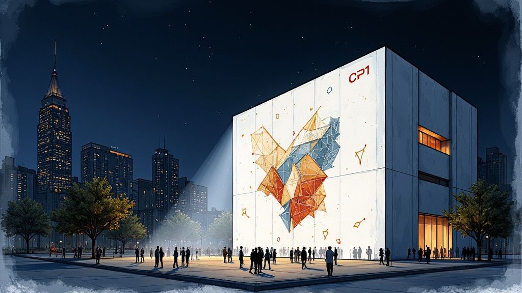 Modern building facade with illuminated geometric art installation and crowds gathering at night