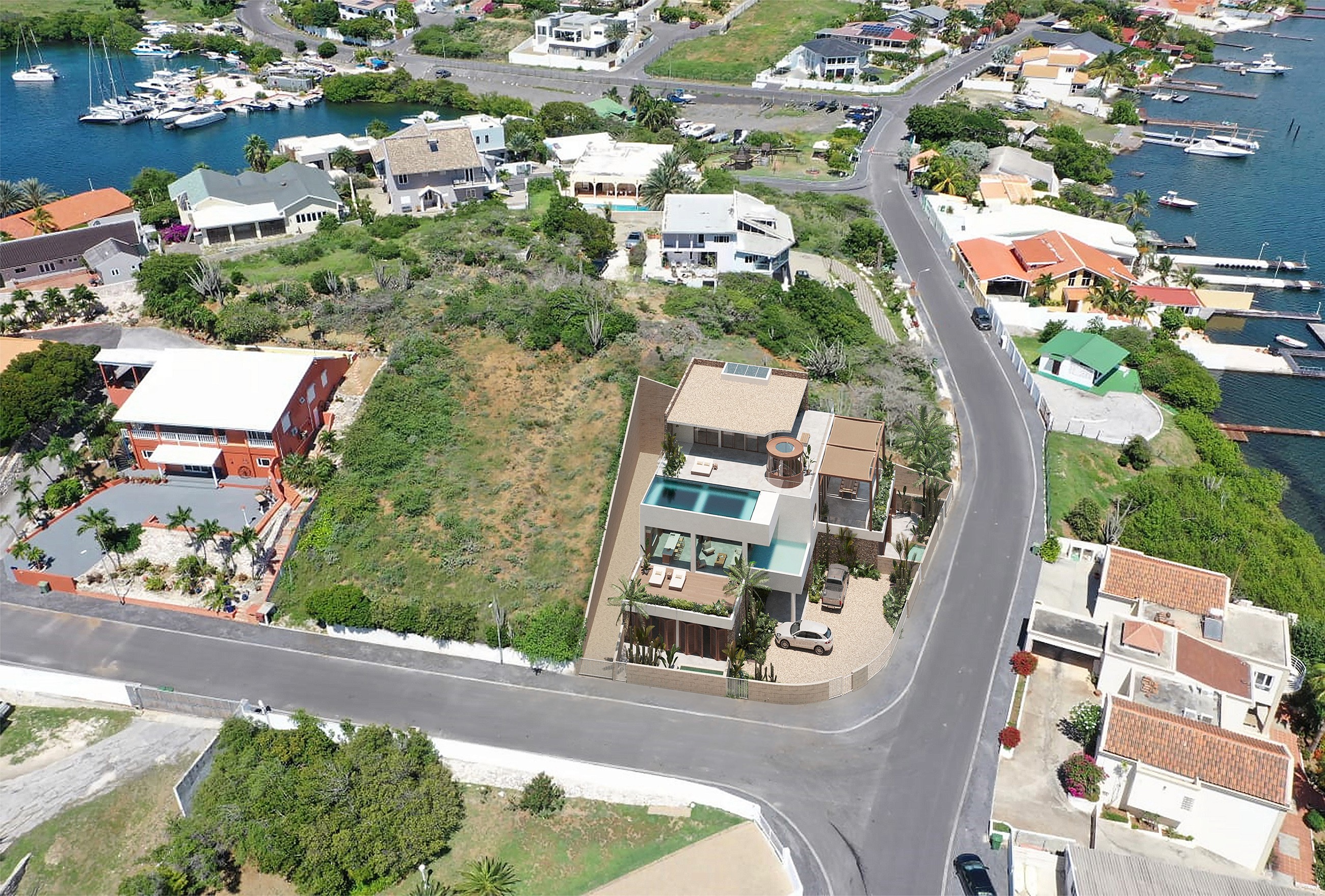 Aerial photo of the site with a rendered view of the villa