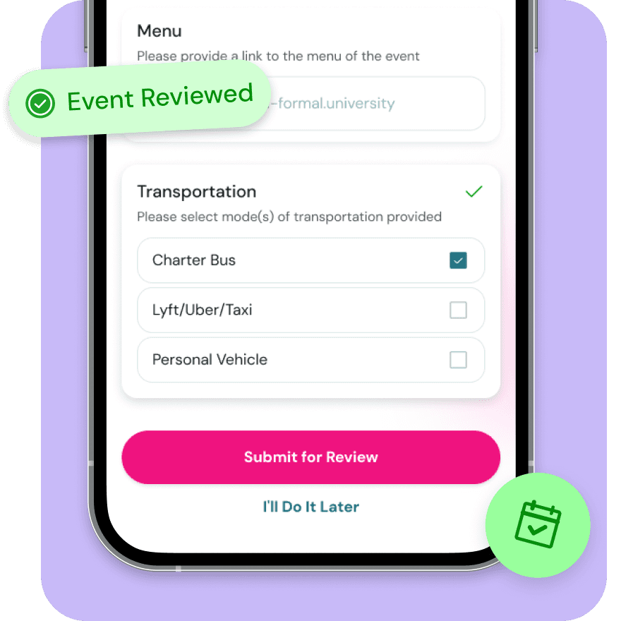 Lounge event setup form showing chapter bus and Lyft transportation options with event reviewed approval badge