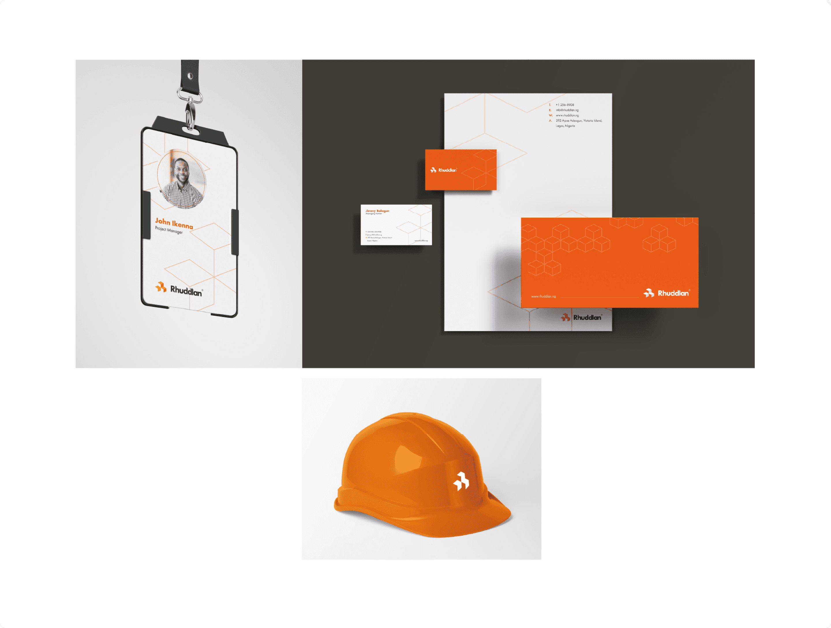 identity card, construction helmet and stationery