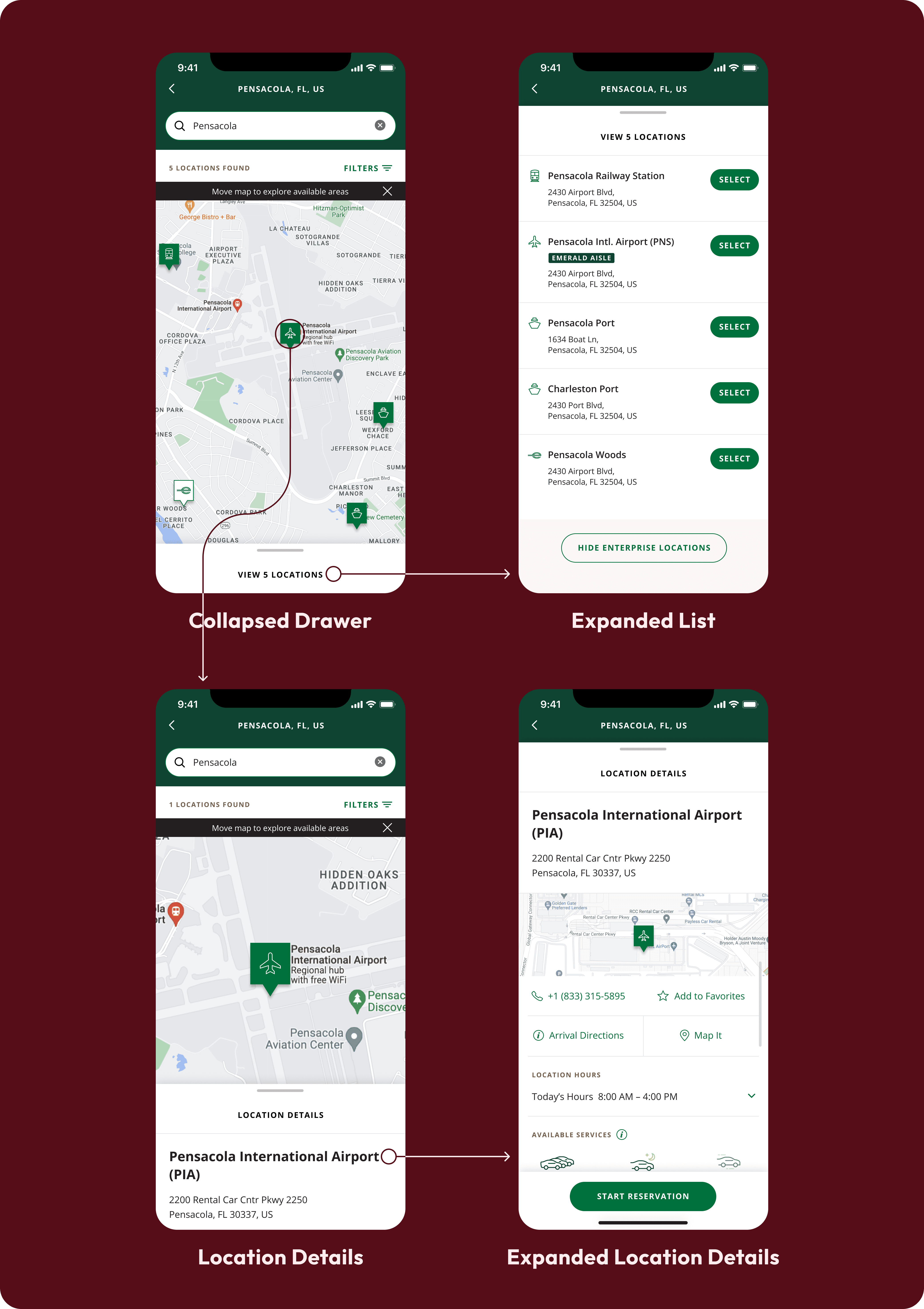 Drawer iterations which allow for a tab-less experience. Users arrive to map view after searching for a city and the drawer show’s a list view. Selecting a specific location reveals location details.