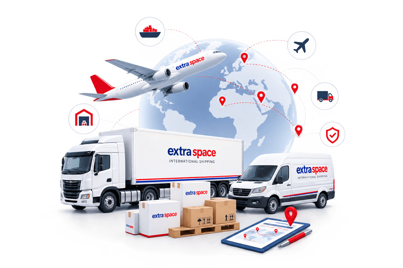 Extra Space international shipping with trucks, cargo boxes, aircraft and a global logistics network