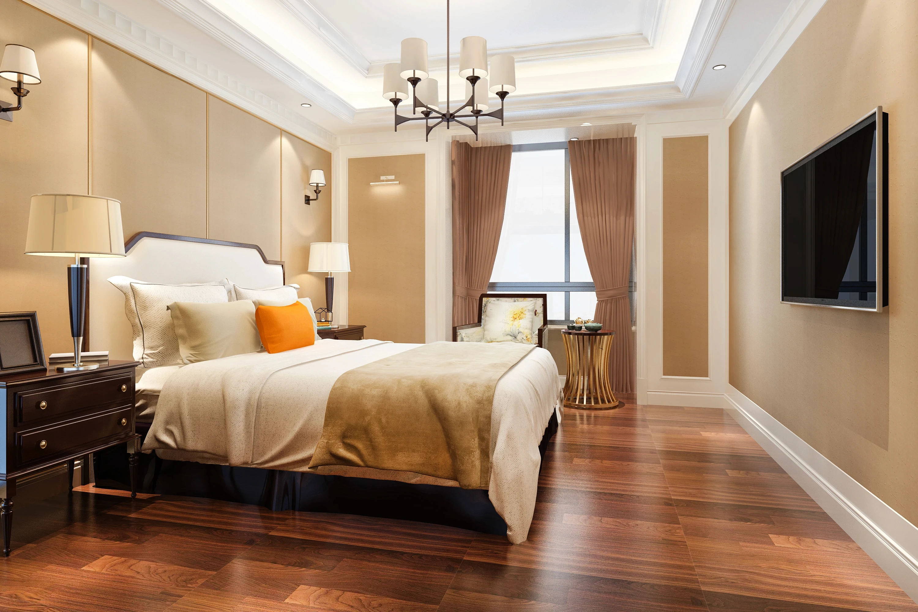 Cozy bedroom featuring warm lighting, neutral bedding, and a wall-mounted television.