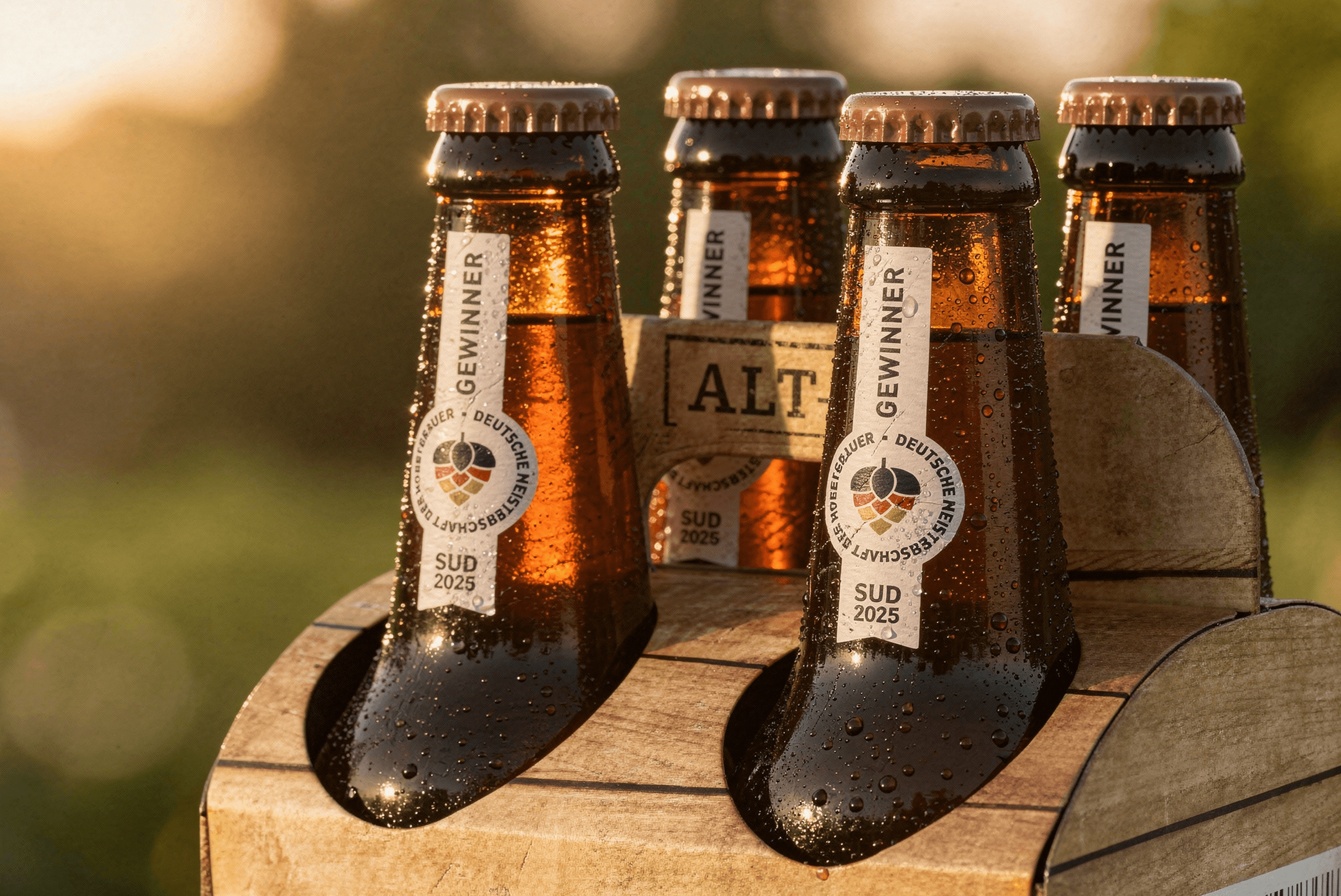 Four condensation-covered beer bottles in a wooden carrier.