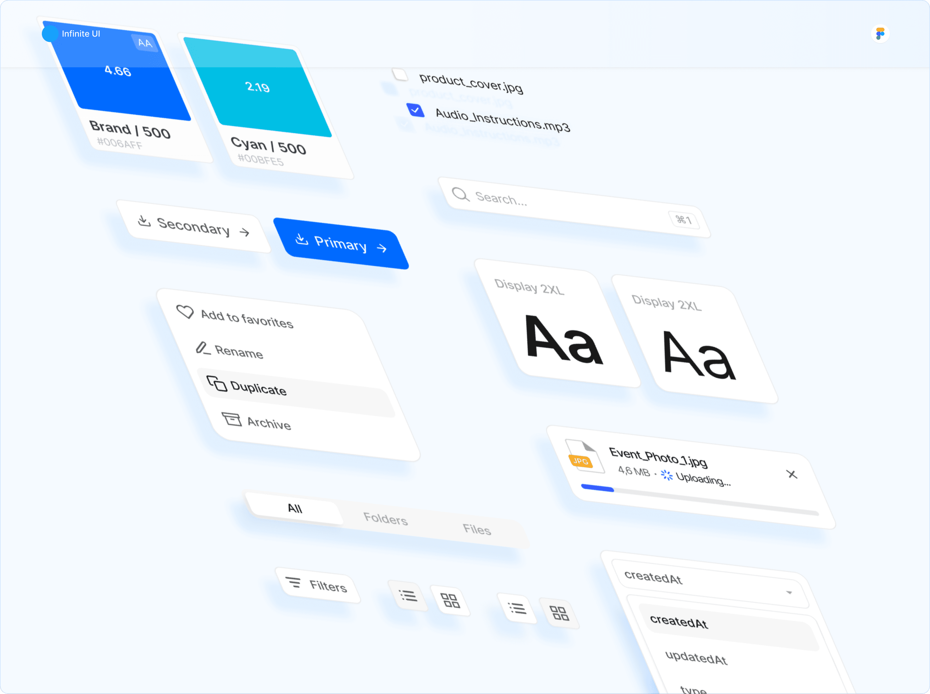 A collage of various UI components including blue and cyan color swatches, primary and secondary buttons, file upload progress bars, and typography scale samples