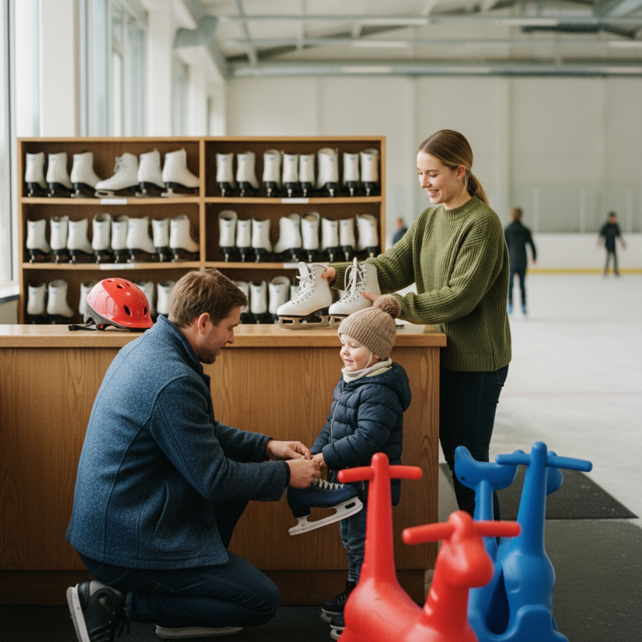 Hinter einem niedrigen Tresen stehen geordnete Reihen an Schlittschuhen in verschiedenen Größen. Eine Mitarbeiterin reicht einem Kind ein passendes Paar, der Vater kontrolliert die Schnürsenkel. Das Licht ist weich, die Szene ruhig und konzentriert. Ein Helm liegt bereit, neben sauber sortierten Lernhilfen.