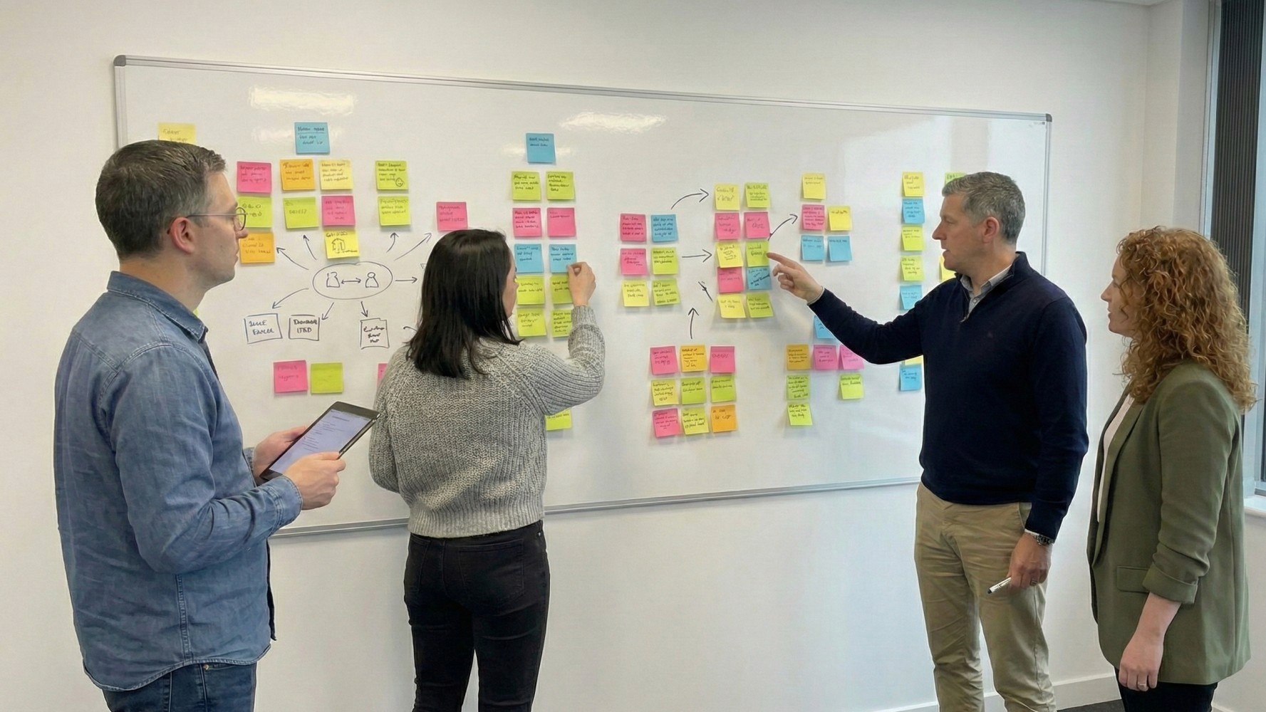 Team collaborating in an AI discovery workshop, organising process-mapping sticky notes on a whiteboard to plan automation opportunities and optimise business workflows.