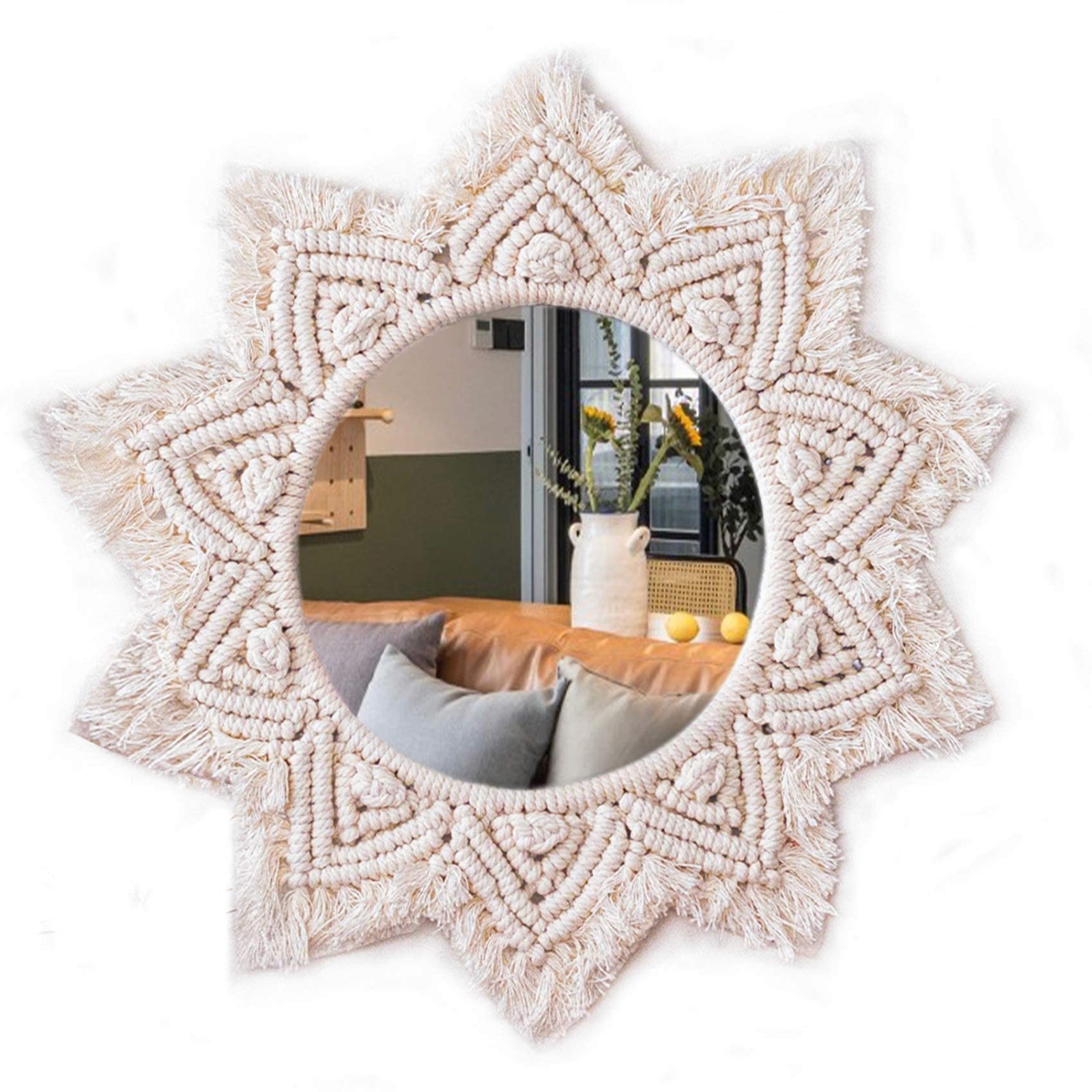 Macramé sunburst wall mirror handmade