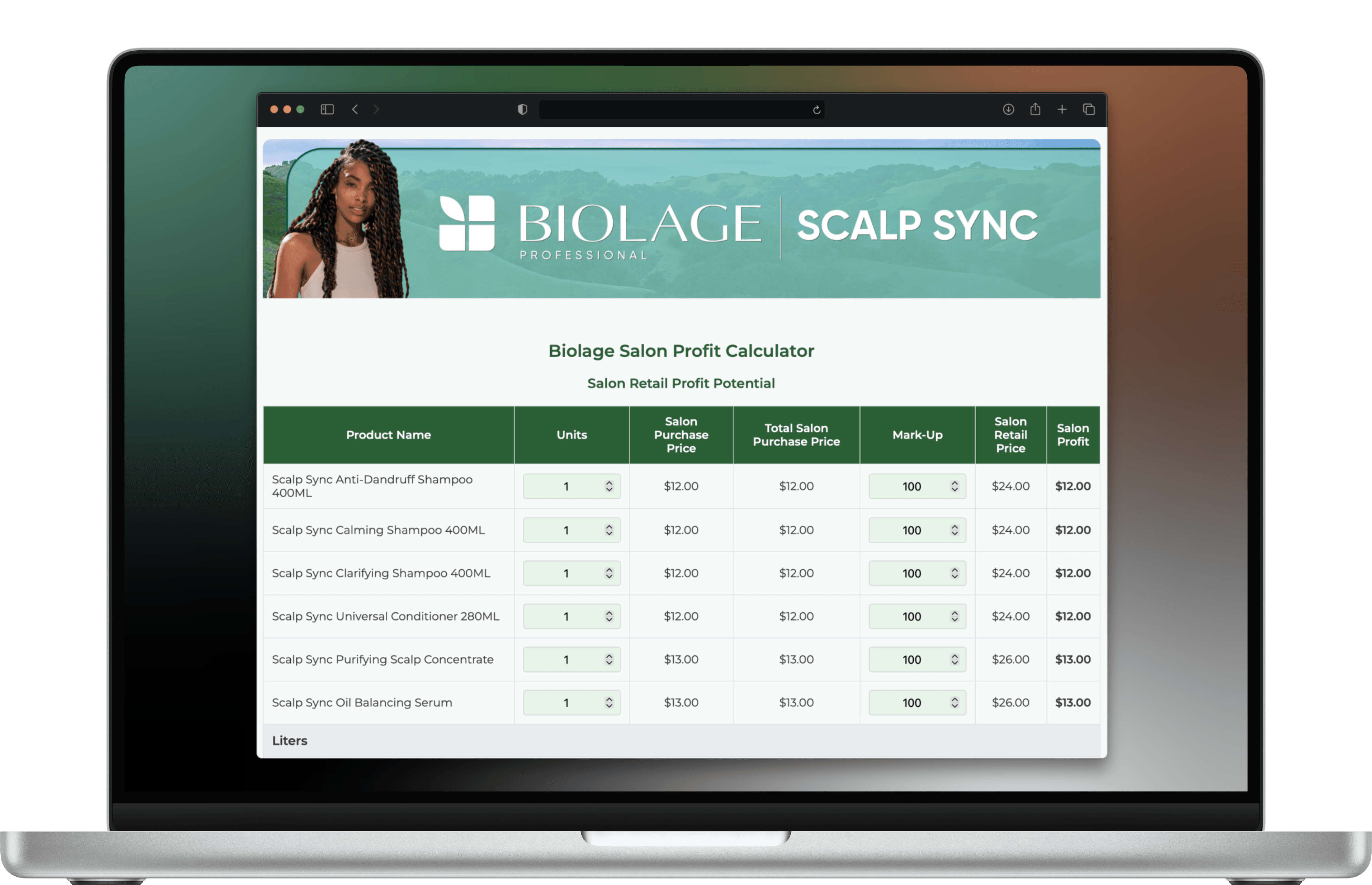 Biolage Scalp Sync salon profit calculator interface