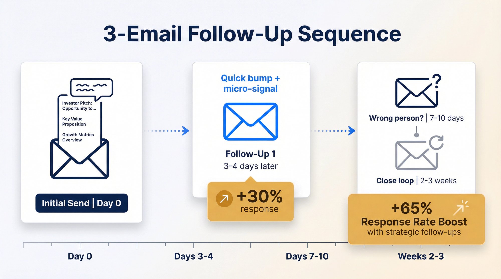 Strategic 3-email follow-up timeline showing timing intervals, message angles, and 65% response rate improvement for investor outreach