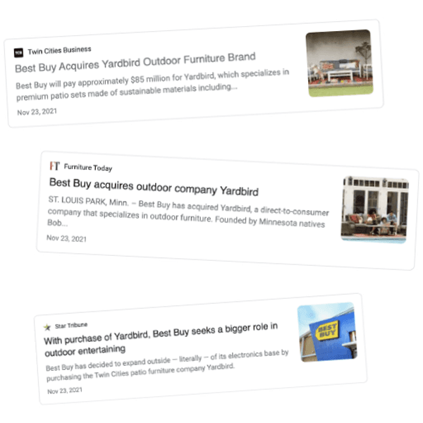 screenshots of news of Best Buy's acquisition of Yardbird
