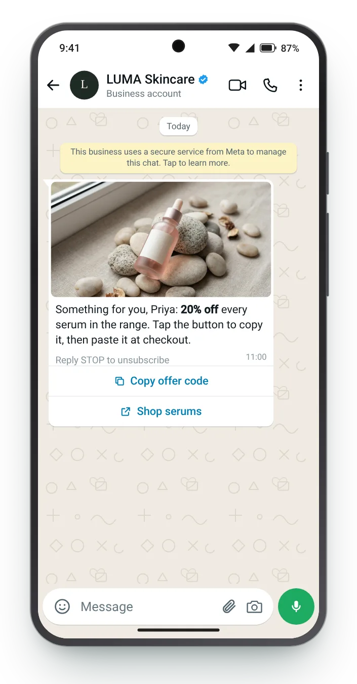 The standard copy-button message: WhatsApp coupon code message on an Android phone