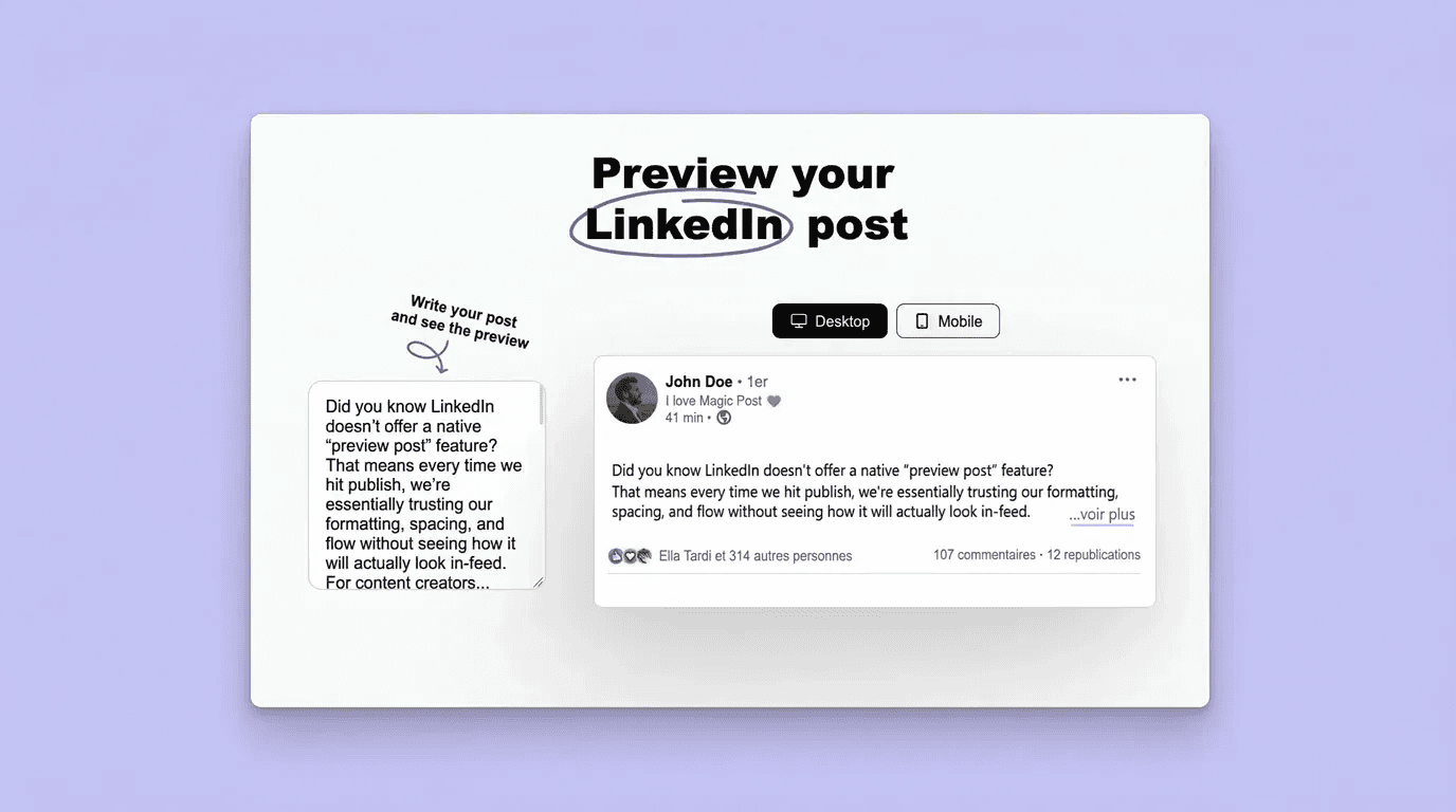 MagicPost's LinkedIn previewer tool, showing a box where the user pastes their LinkedIn post, a preview pane, and a highlighted "See more" prompt to expand the post