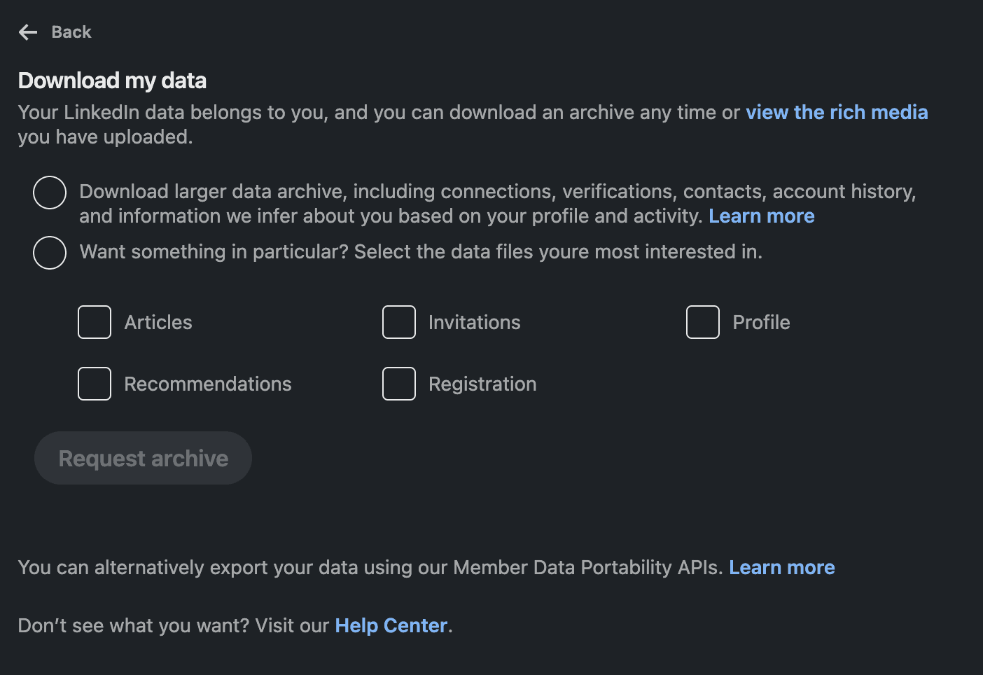 Screenshot of download my data menu from the linkedin settings where you get your full data archive including connections, messages and engagement data.