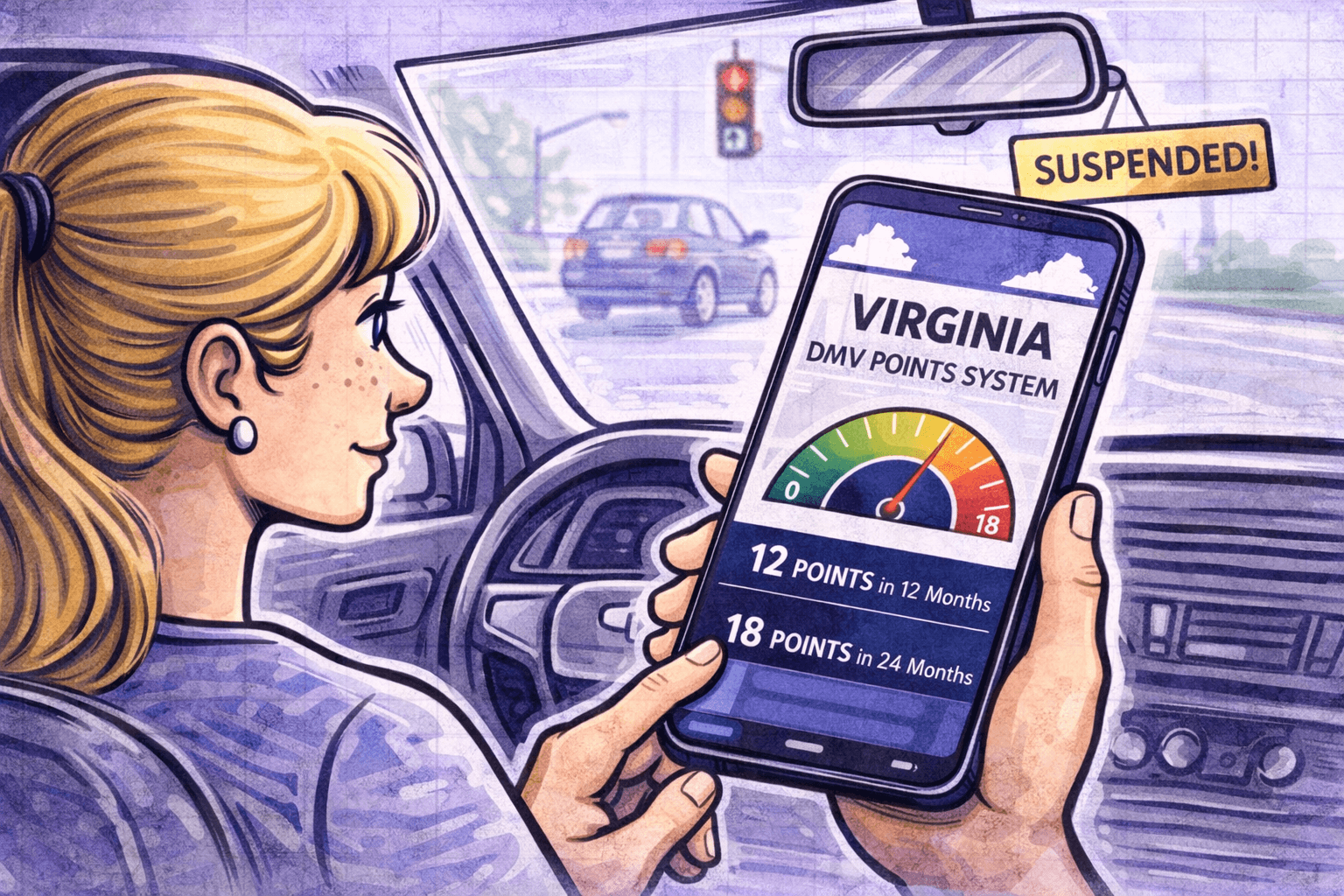 Virginia driver reviewing DMV point system on smartphone to avoid license suspension