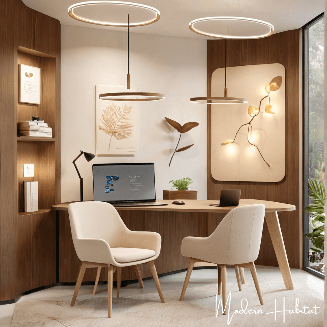 Creative modern office interior with neon wall art, ambient pendant lighting, and contemporary workspace setup in Pune.