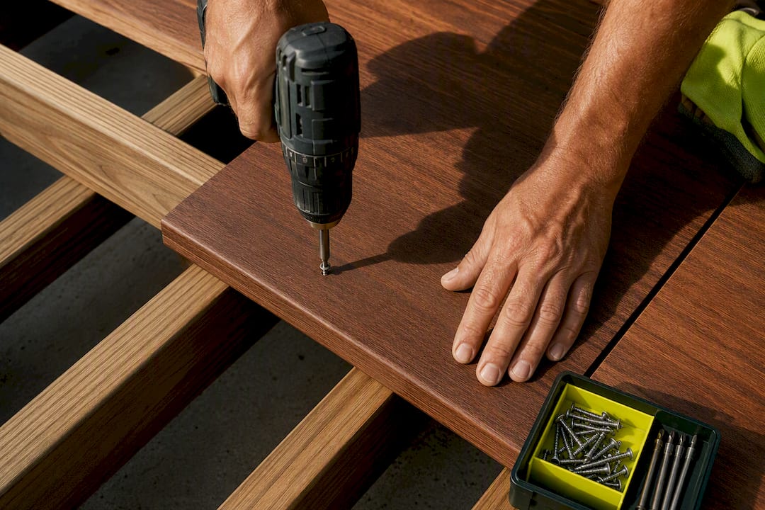 Contractor pre-drilling dense Ipe decking