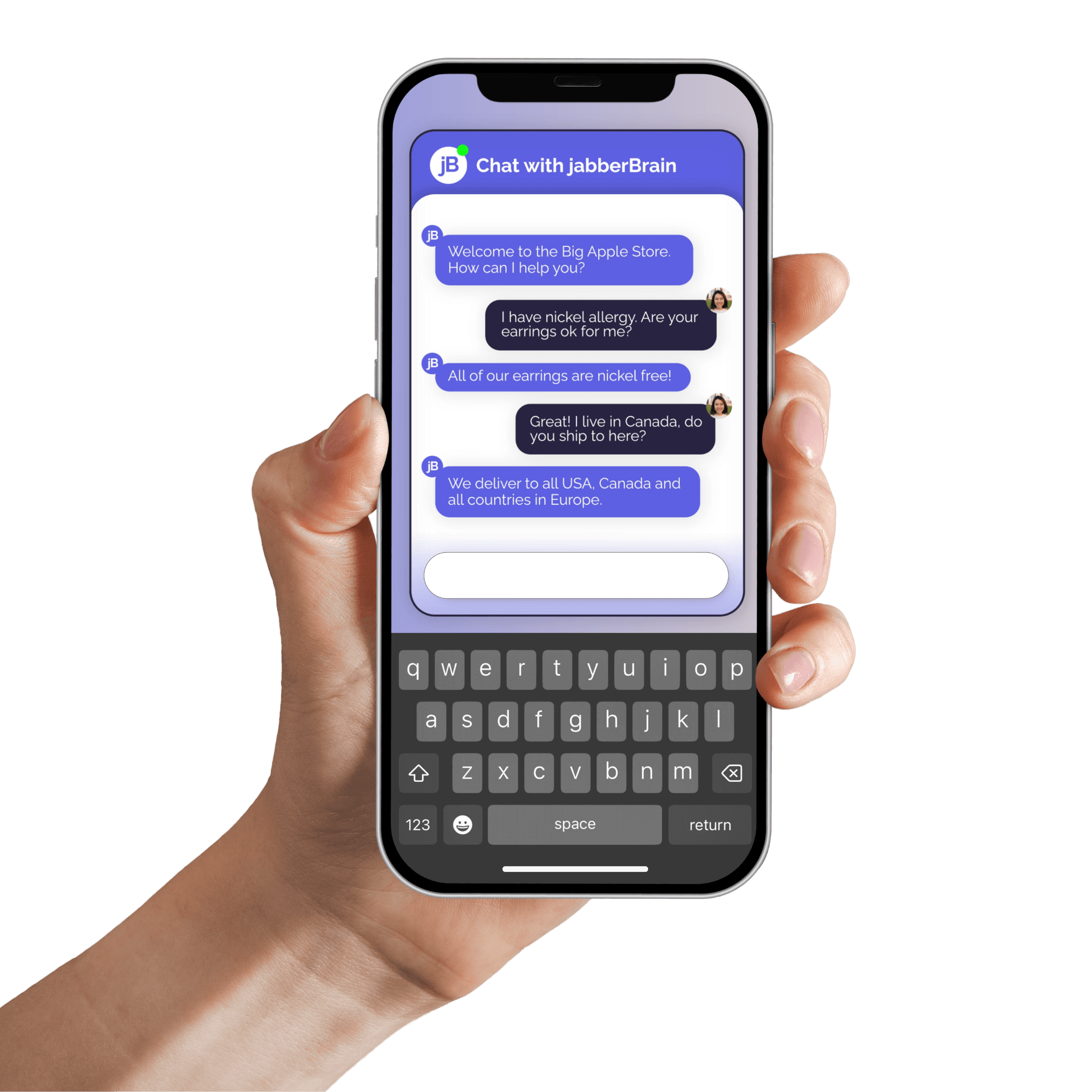 A hand holds a smartphone displaying a messaging app with text conversation bubbles on the screen.