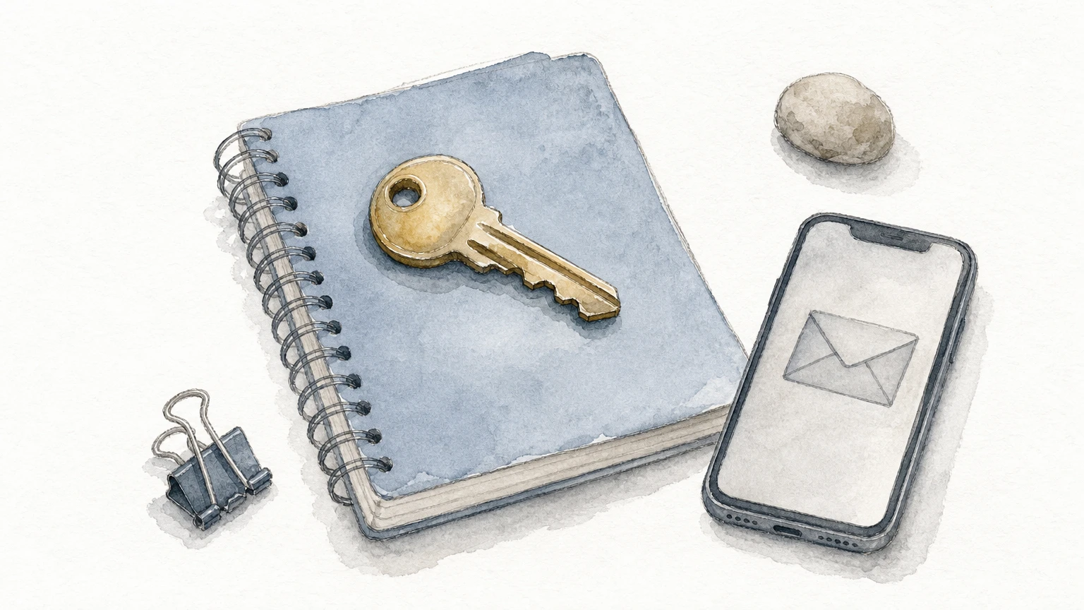 A brass key rests on a notebook beside a smartphone, representing an email list the store controls.