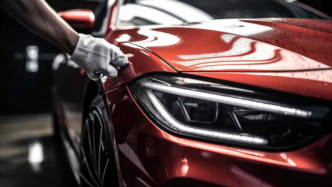 Polishing a red vehicle